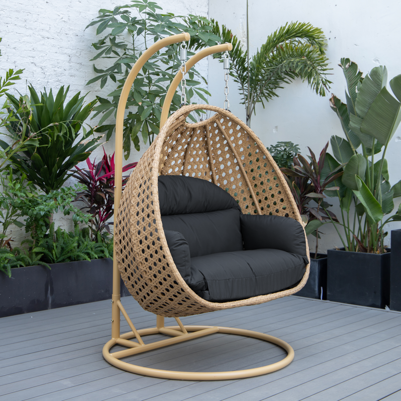 LeisureMod Mendoza Light Brown Wicker Hanging 2 person Egg Swing Chair Dark Grey Photo.