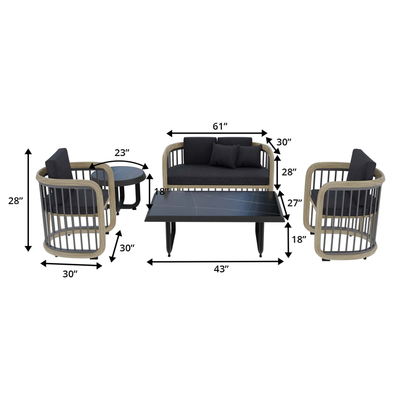 LeisureMod Klyra 5-Piece Aluminum Conversation Set with 2 Accent Chairs, Sofa, Coffee Table, Side Table in Grey Dimensions.