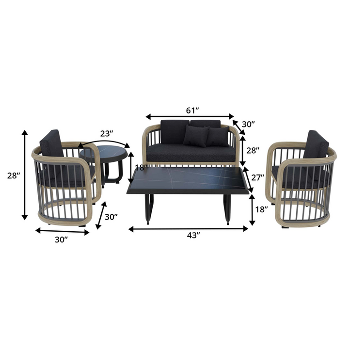 LeisureMod Klyra 5-Piece Aluminum Conversation Set with 2 Accent Chairs, Sofa, Coffee Table, Side Table in Grey Dimensions.