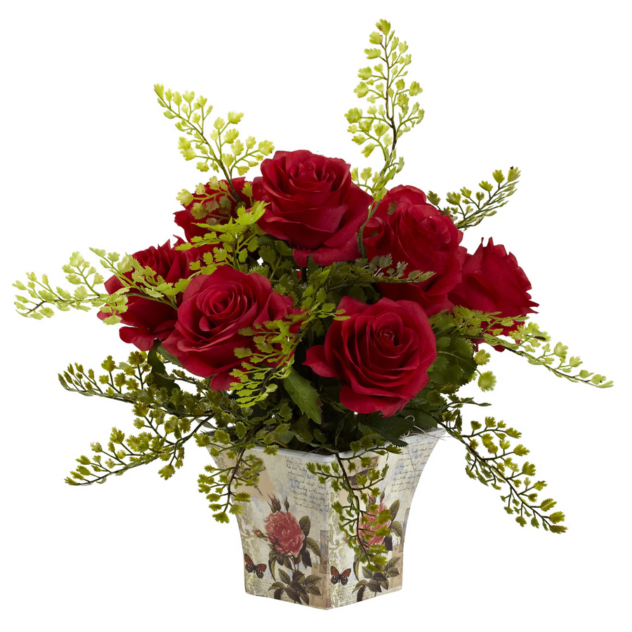 Rose and Maiden Hair w/Floral Planter (Red)