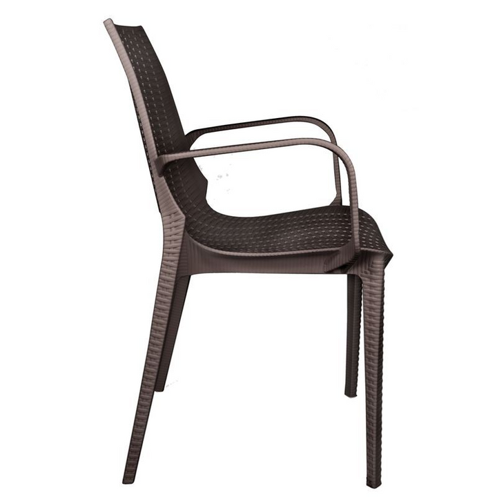 LeisureMod Kent Outdoor Patio Plastic Dining Armchair, Set of 2 Brown Side View.