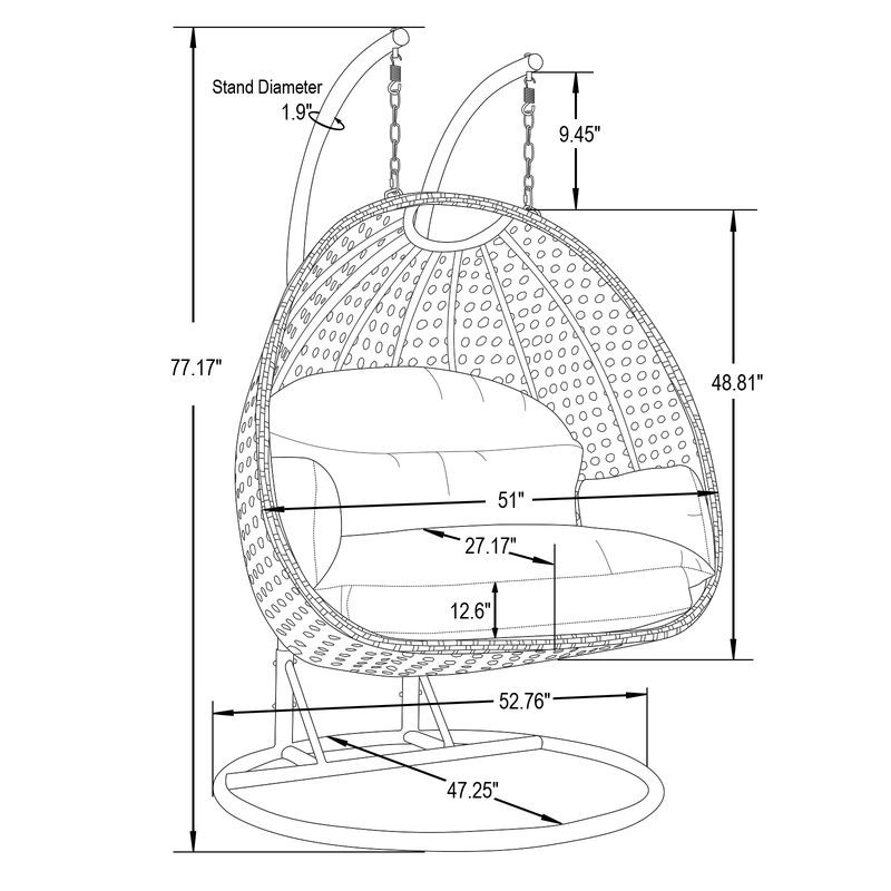 LeisureMod Mendoza Light Brown Wicker Hanging 2 person Egg Swing Chair Dark Grey Dimensions.