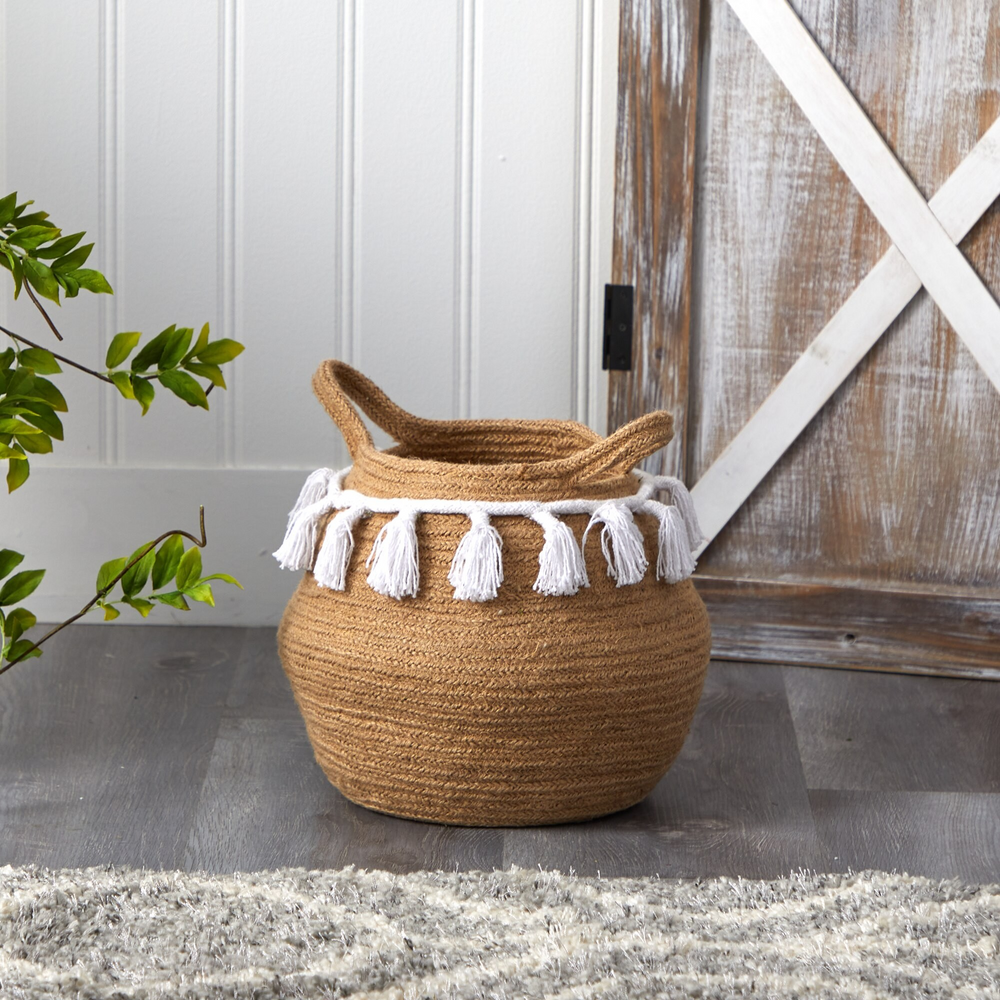 11” Boho Chic Handmade Natural Cotton Woven Basket with Tassels with Background