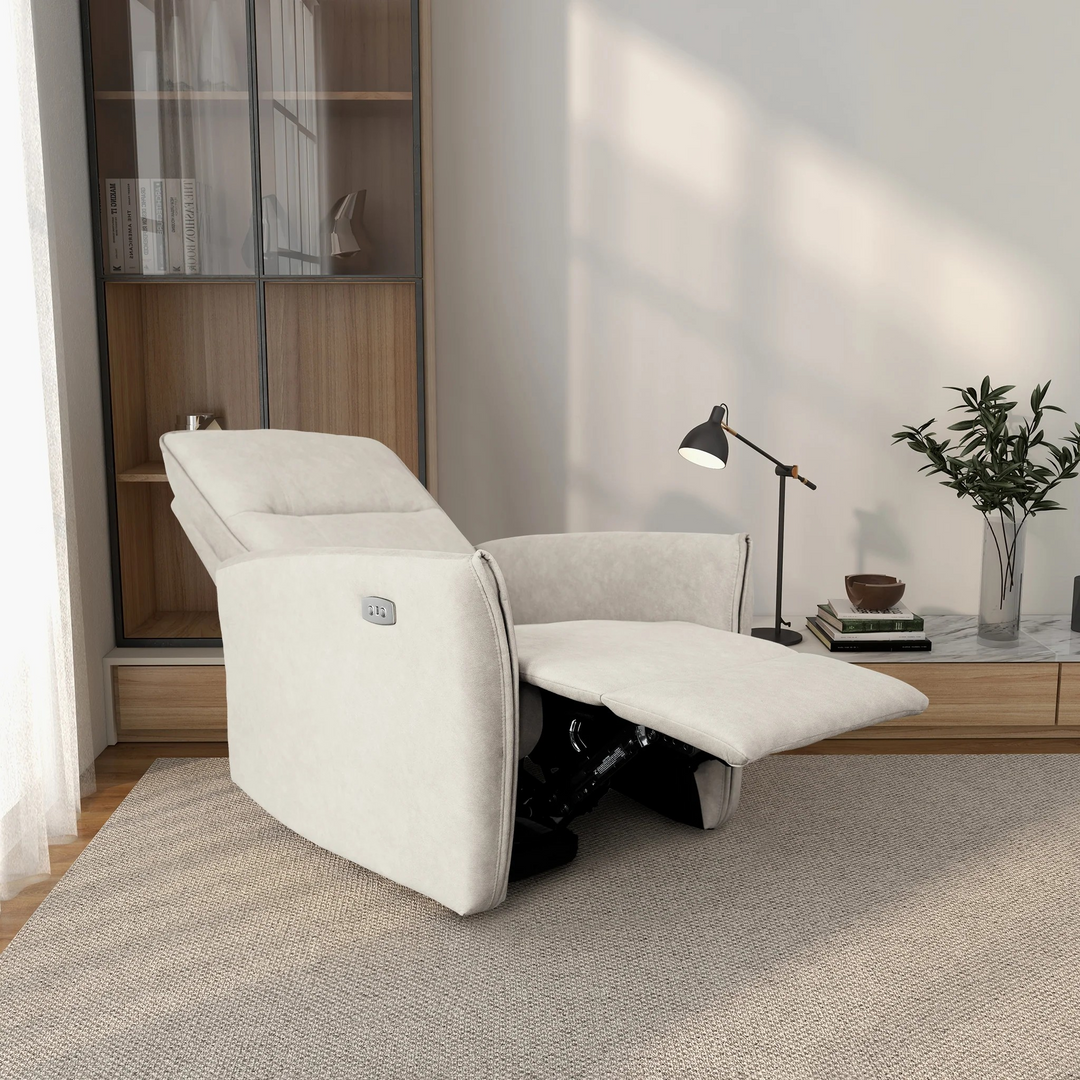 Asheville Cream Suede Recliner Chair Reclined.