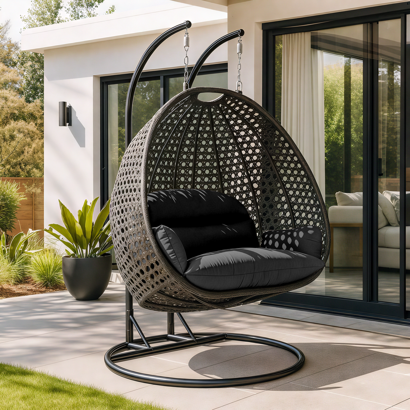 LeisureMod Charcoal Wicker Hanging 2 person Egg Swing Chair Black