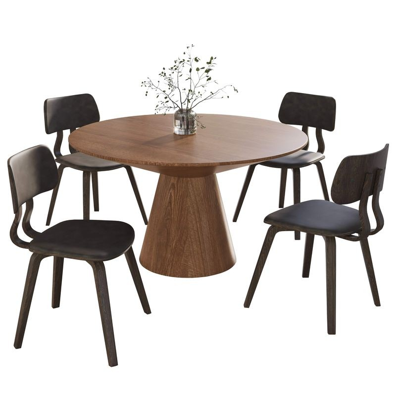 LeisureMod 5-Piece Dining Set with Round Wooden Table in Natural Wood and 4 Leather Dining Chairs in Dark Walnut/Brown