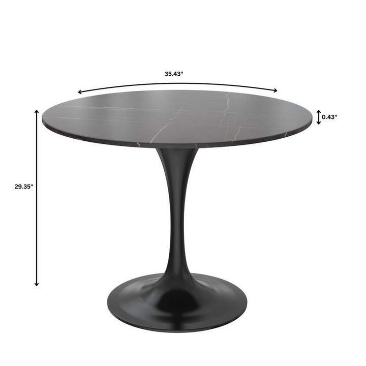 LeisureMod 5-Piece Dining Set with 36" Round Dining Table Black Sintered Stone Top and Black Pedestal with 4 Velvet Dining Chairs in Black Steel Legs in Beige Table Dimensions.