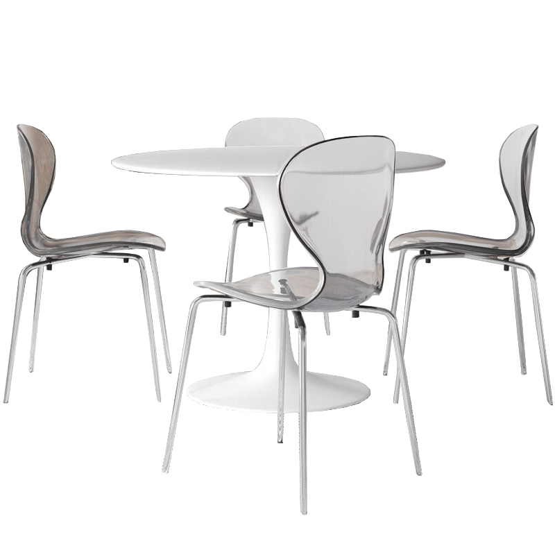 LeisureMod 5-Piece Dining Set Round White MDF Dining Table and 4 Plastic Dining Chairs with Chrome Legs Clear