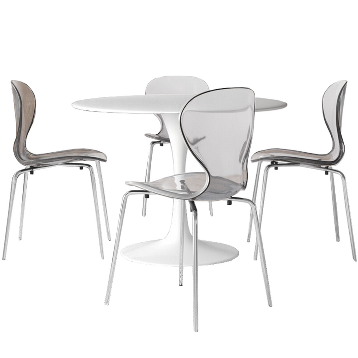 LeisureMod 5-Piece Dining Set Round White MDF Dining Table and 4 Plastic Dining Chairs with Chrome Legs Clear