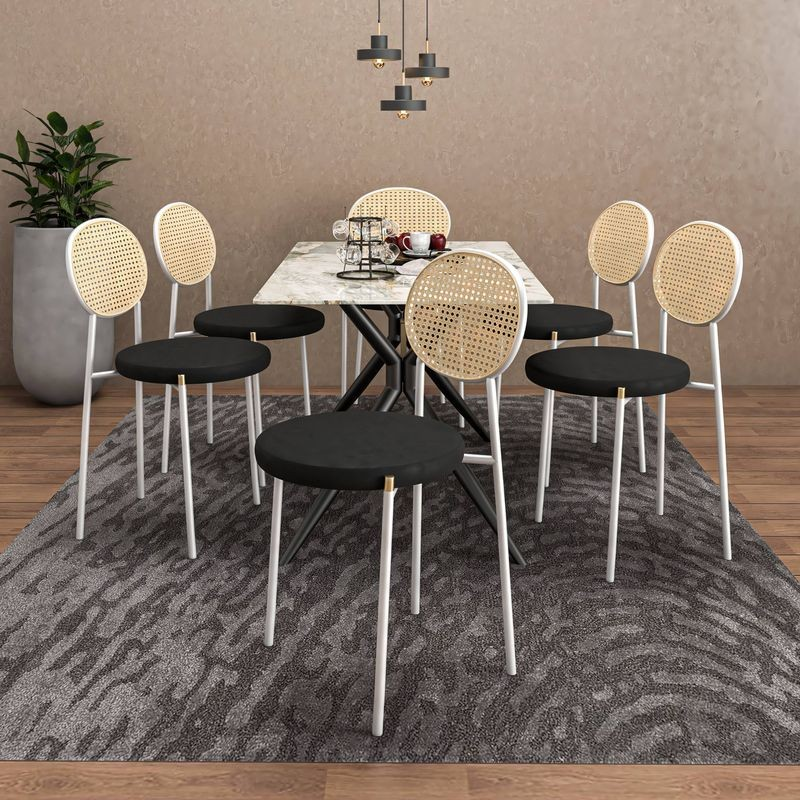LeisureMod 7-Piece Dining Set with Rectangular Sintered Stone Dining Table and 6 Velvet Dining Side Chairs with Wicker Back Black in Room.