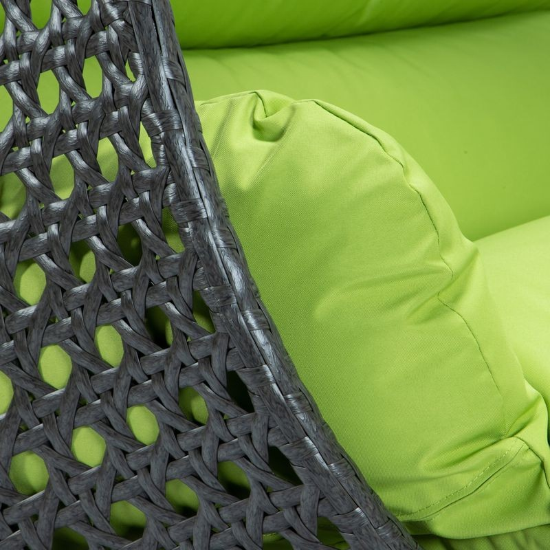 LeisureMod Charcoal Wicker Hanging 2 person Egg Swing Chair Light Green Closeup.