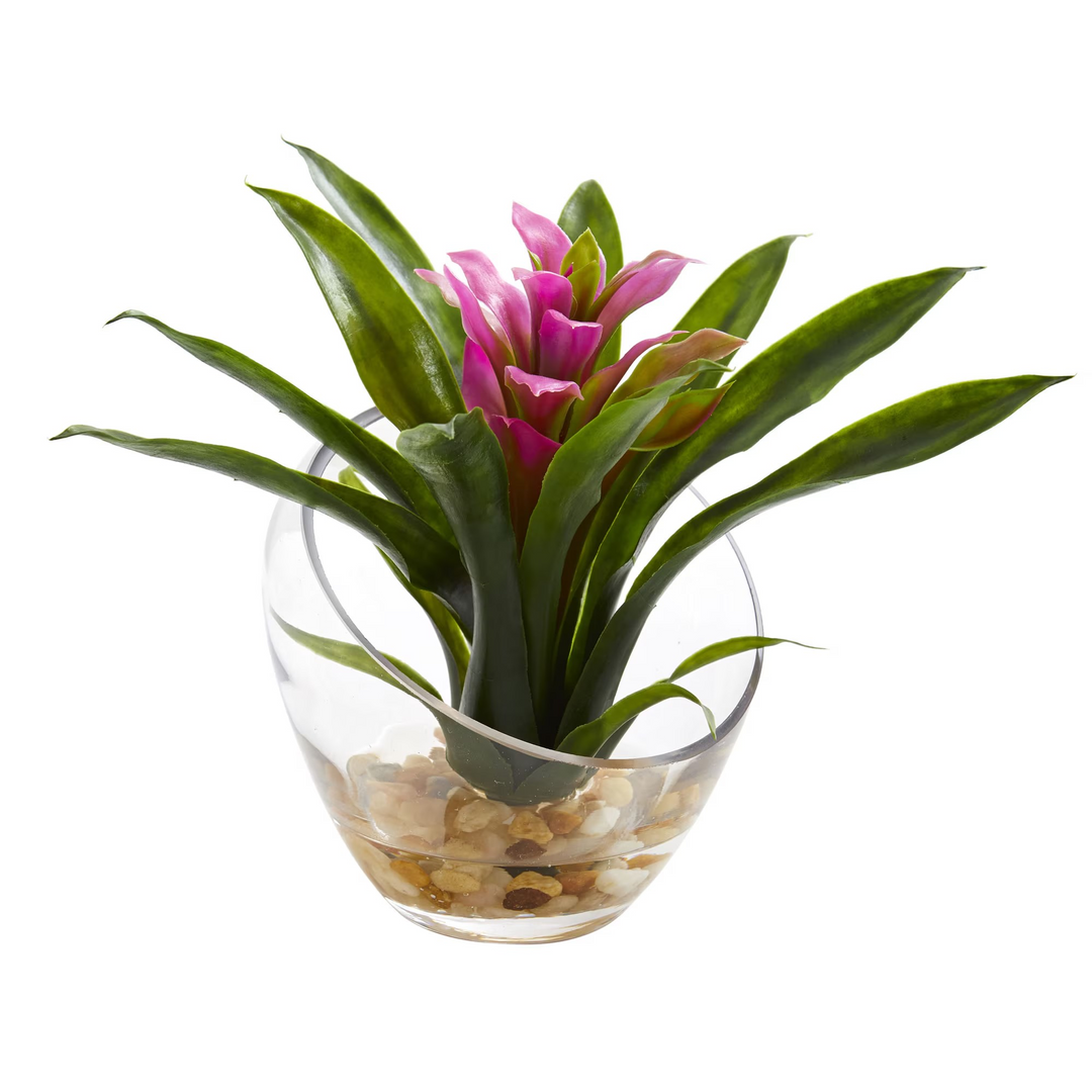 8’’ Tropical Bromeliad in Angled Vase Artificial Arrangement Purple