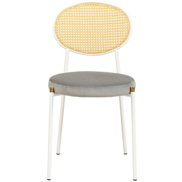 LeisureMod 7-Piece Dining Set with Rectangular Sintered Stone Dining Table and 6 Velvet Dining Side Chairs with Wicker Back Grey Front Chair.