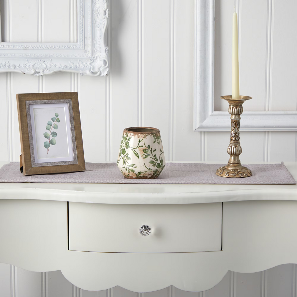 5.5” Tuscan Ceramic Green Scroll Planter on Table