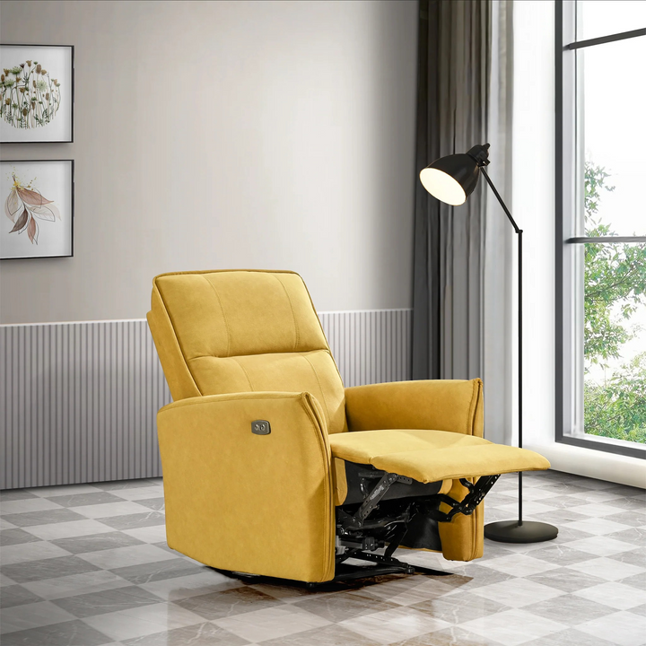 Asheville Dark Yellow Suede Recliner Chair Reclined.