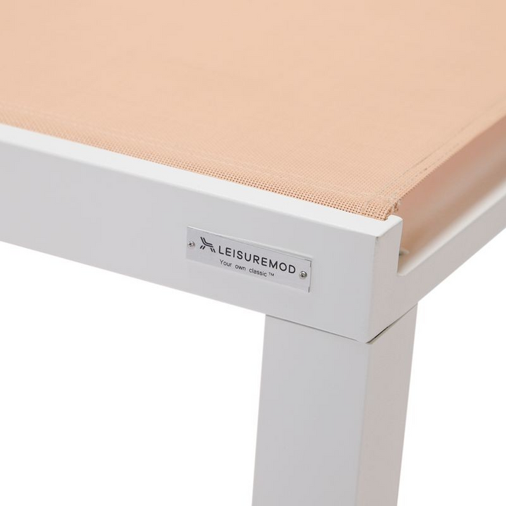 LeisureMod Marlin Modern Aluminum Outdoor Patio Chaise Lounge Chair Set of 2 with Square Fire Pit Side Table Perfect for Patio, Lawn, and Garden Light Brown Closeup.