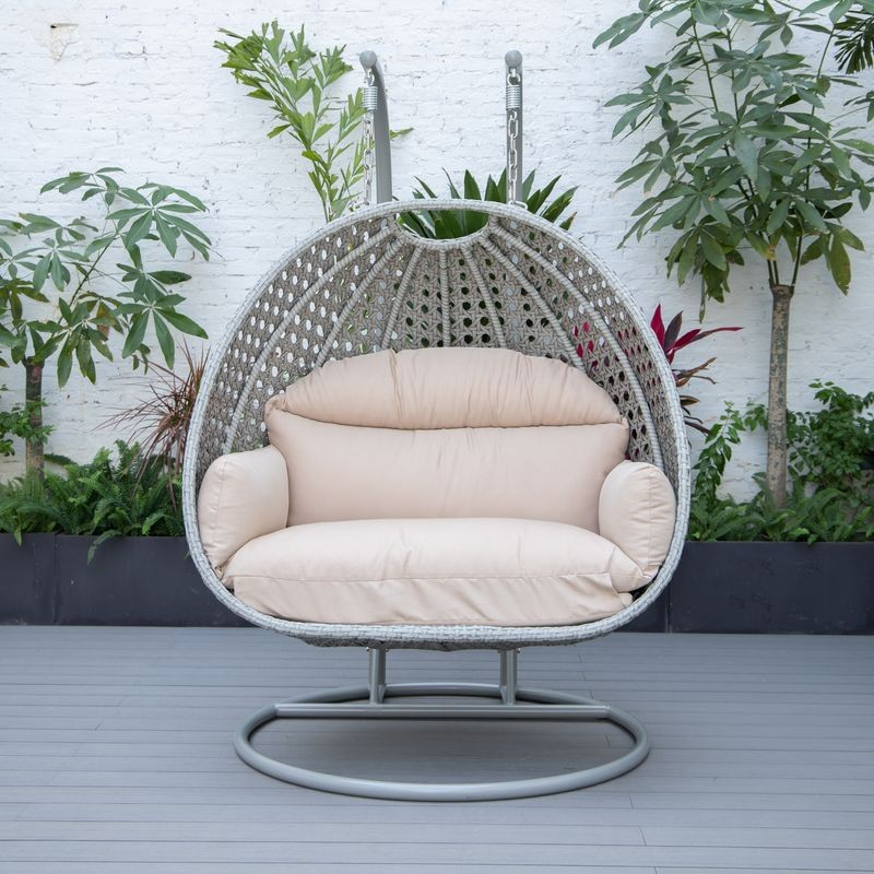 LeisureMod Mendoza Light Grey Wicker Hanging 2 Person Egg Swing Chair Beige Front View.