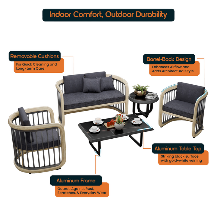 LeisureMod Klyra 5-Piece Aluminum Conversation Set with 2 Accent Chairs, Sofa, Coffee Table, Side Table in Grey Description.