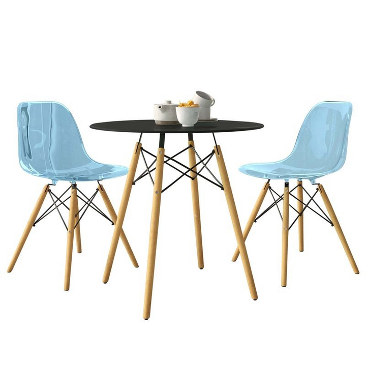 LeisureMod Dover 3-Piece Dining Set with Round Black MDF Top Bistro Table and 2 Plastic Chairs in Blue