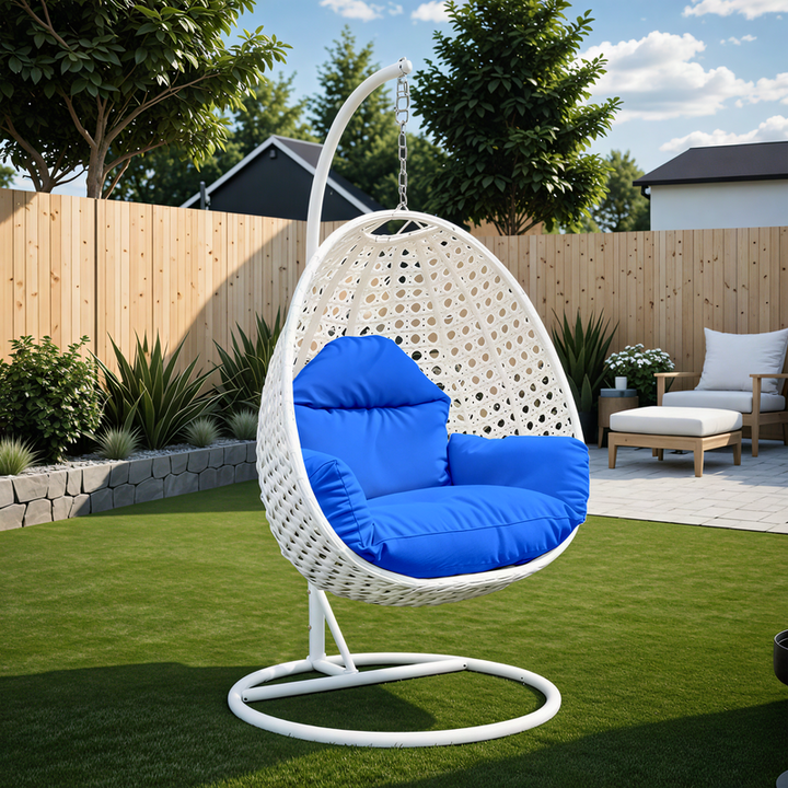 LeisureMod White Wicker Hanging Egg Swing Chair Blue