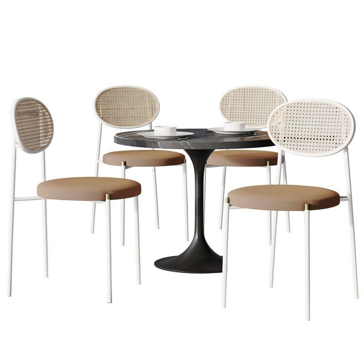 LeisureMod 5-Piece Dining Set with 36" Round Dining Table Black Sintered Stone Top and Black Pedestal with 4 Velvet Dining Chairs in White Steel Legs in Brown