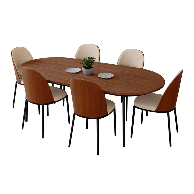 LeisureMod Tule 7-Piece Dining Set in Steel Frame with 6 Upholstered Seat Dining Chairs and 71" Oval Dining Table with MDF Tabletop Walnut/Light Brown