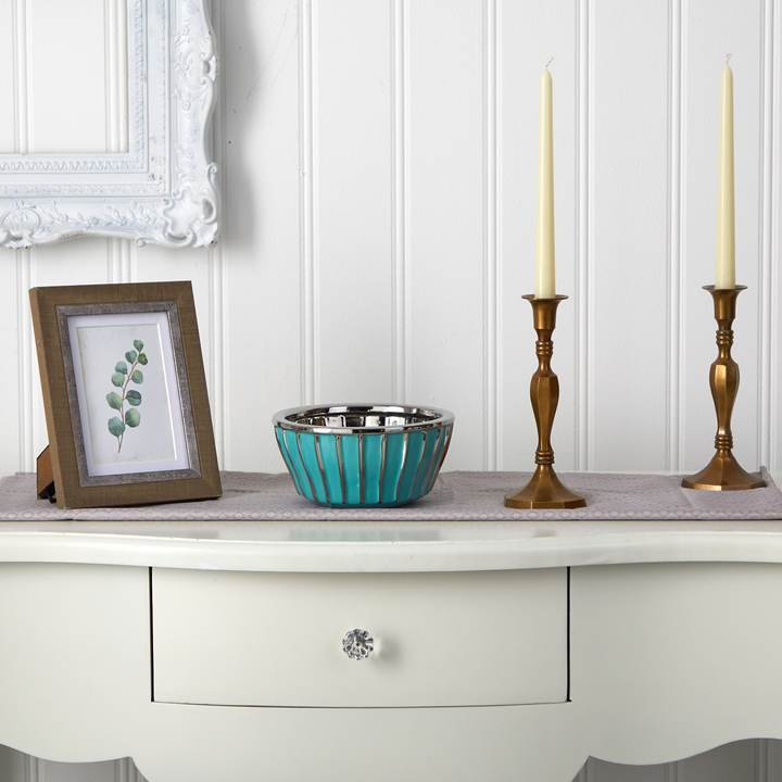 7.25” Teal Vase with Silver Burnishing with Background