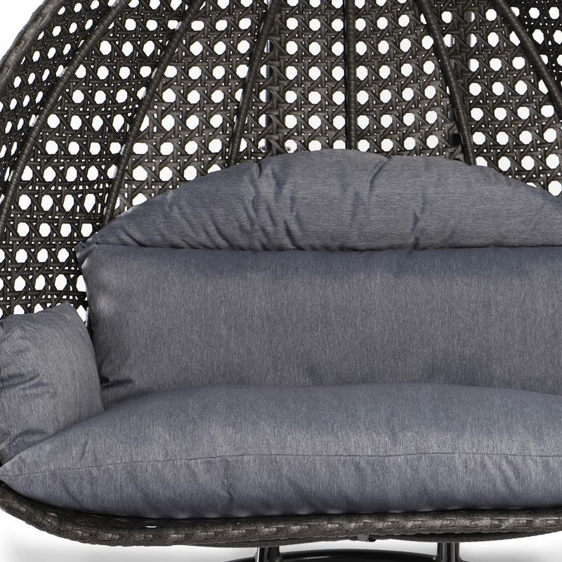 LeisureMod Charcoal Wicker Hanging 2 person Egg Swing Chair Charcoal Blue Zoomed In.
