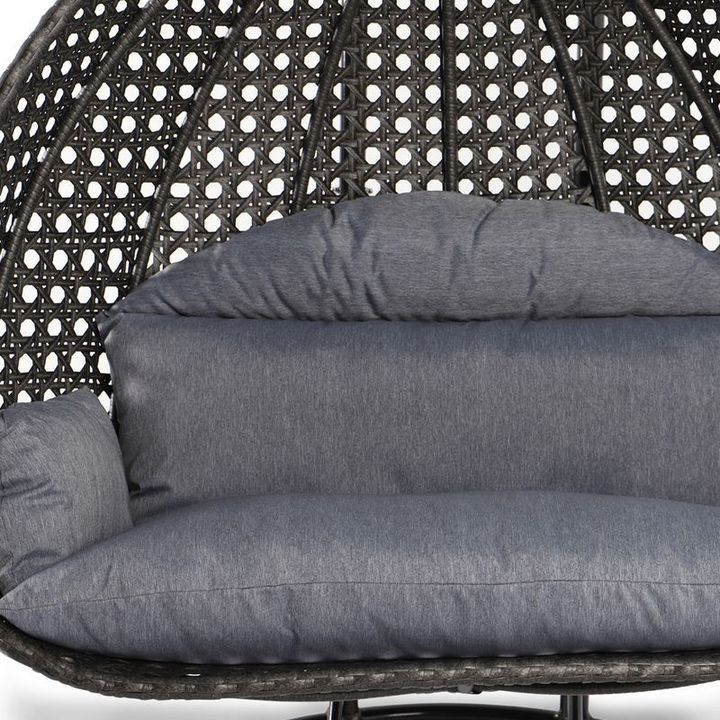 LeisureMod Charcoal Wicker Hanging 2 person Egg Swing Chair Charcoal Blue Zoomed In.