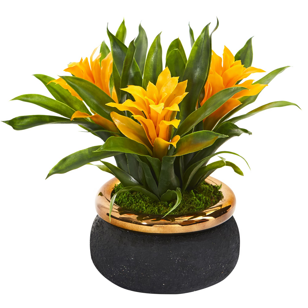 11” Bromeliad Artificial Plant in Stoneware Planter Yellow