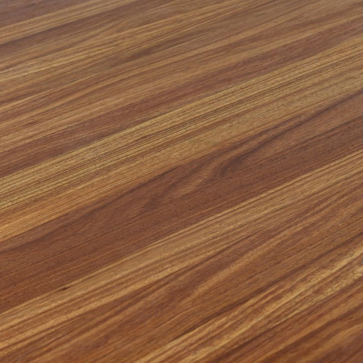 LeisureMod 5-Piece Dining Set with Round Wooden Table in Natural Wood and 4 Leather Dining Chairs in Dark Walnut/Taupe Table Closeup.