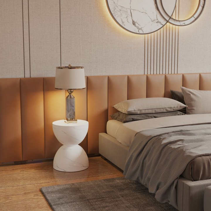 LeisureMod Sage Collection Fiberglass Outdoor Side Table in Marbled White in Room.