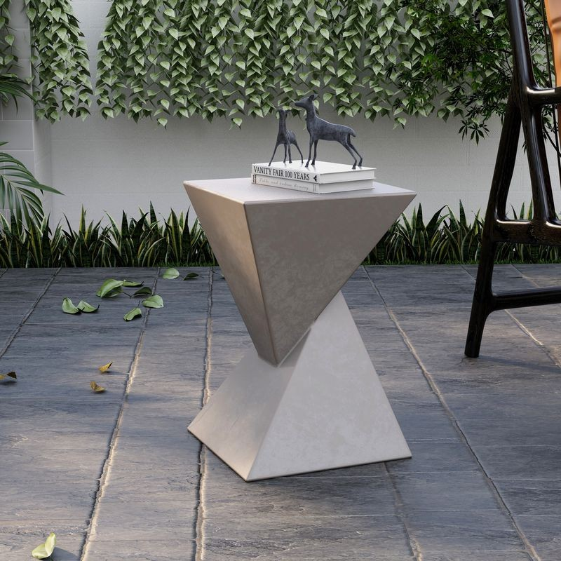 LeisureMod Glint Collection Fiberglass Outdoor Side Table in Marble White Outside.