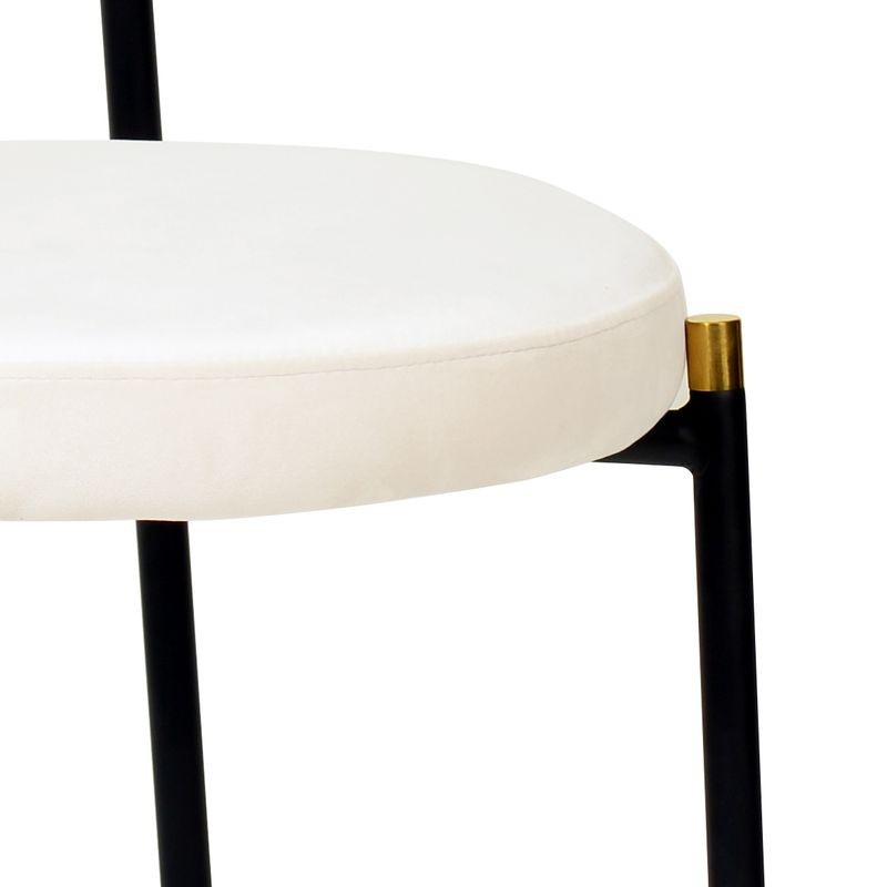 LeisureMod 5-Piece Dining Set with 36" Round Dining Table Black Sintered Stone Top and Black Pedestal with 4 Velvet Dining Chairs in Black Steel Legs in Beige Chair Closeup.