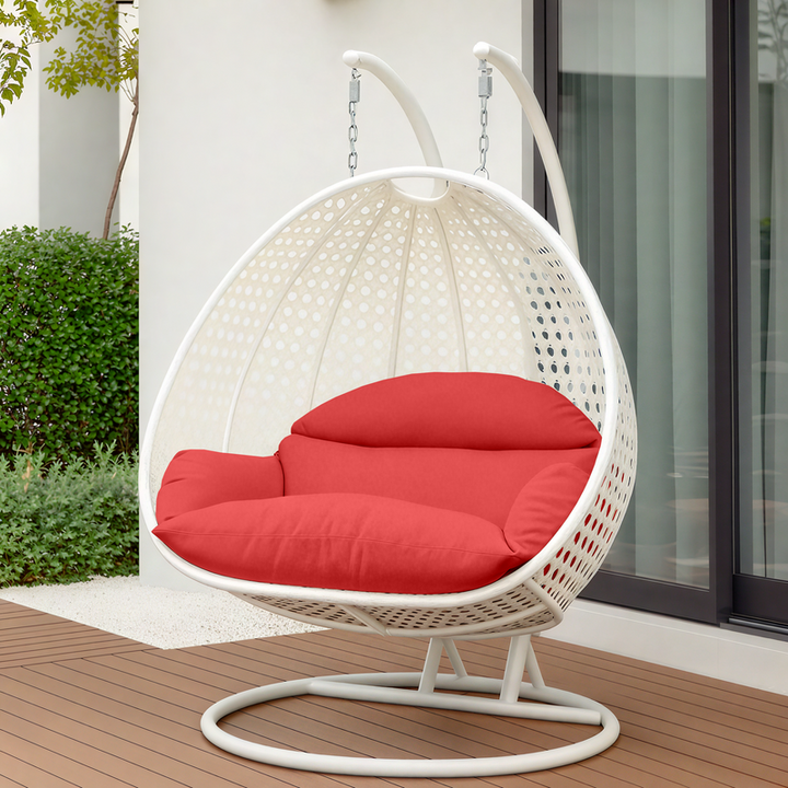 LeisureMod White Wicker Hanging 2 person Egg Swing Chair Red