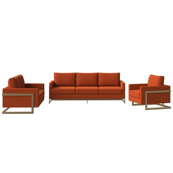 Orange sofa set with two armchairs on a white background