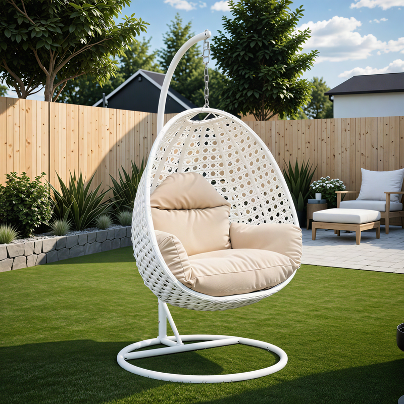 LeisureMod White Wicker Hanging Egg Swing Chair Beige