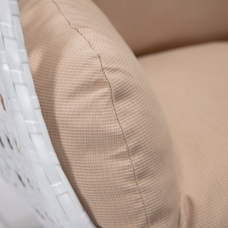 LeisureMod White Wicker Hanging Egg Swing Chair Beige Pillow Closeup.