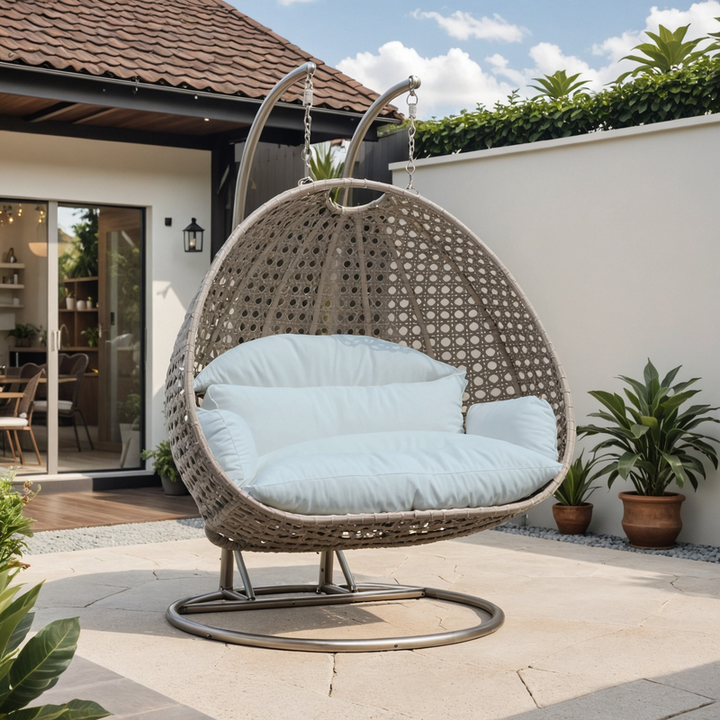 LeisureMod Beige Wicker Hanging 2 person Egg Swing Chair Light Grey Front View.