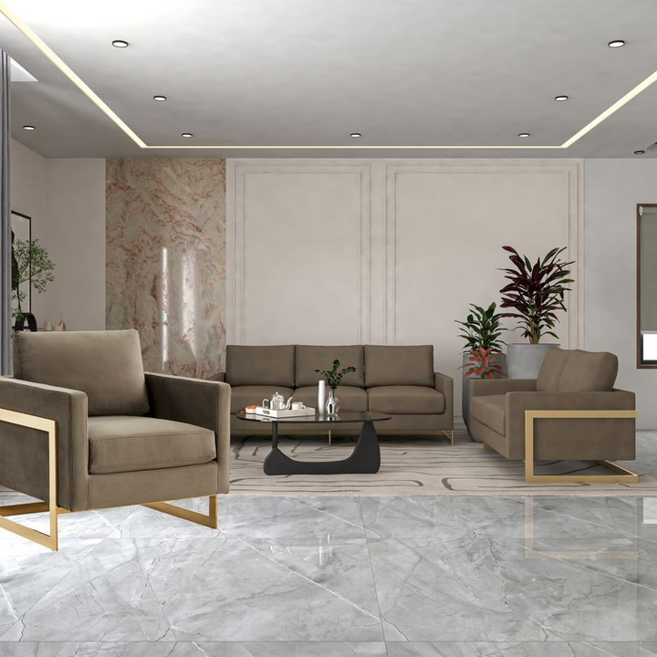 LeisureMod Lincoln 3-Piece Velvet Living Room Sofa Set with Gold Frame Dark Grey in Living Room.