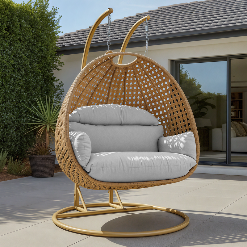 LeisureMod Mendoza Light Brown Wicker Hanging 2 Person Egg Swing Chair White