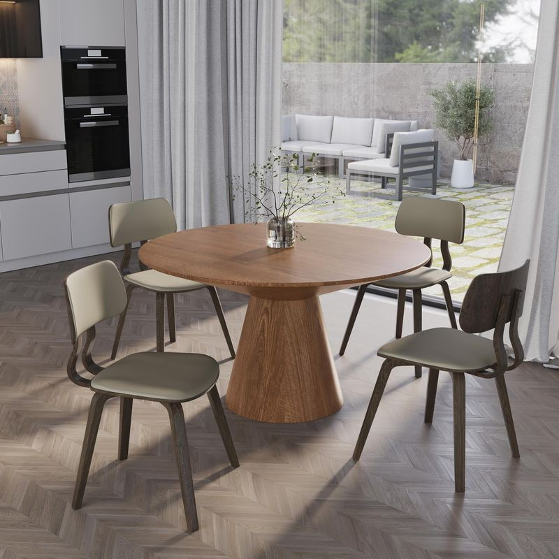 LeisureMod 5-Piece Dining Set with Round Wooden Table in Natural Wood and 4 Leather Dining Chairs in Dark Walnut/Taupe in Room.