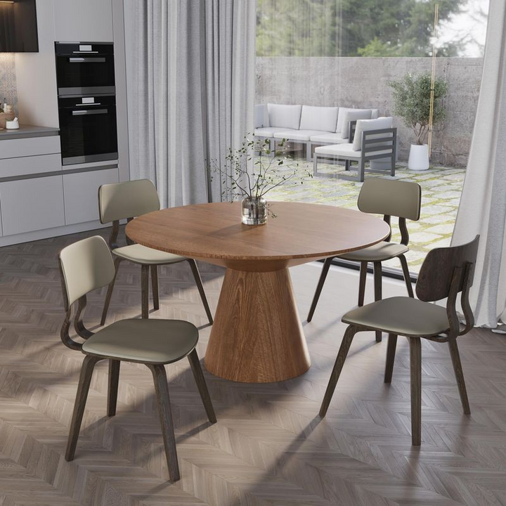 LeisureMod 5-Piece Dining Set with Round Wooden Table in Natural Wood and 4 Leather Dining Chairs in Dark Walnut/Taupe in Room.