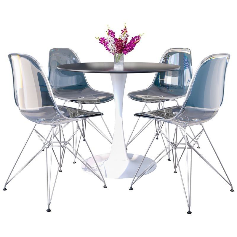 LeisureMod 5-Piece Dining Set 35" Round Dining Table in White Iron 4 ABS Plastic Side Chair in Chrome Clear