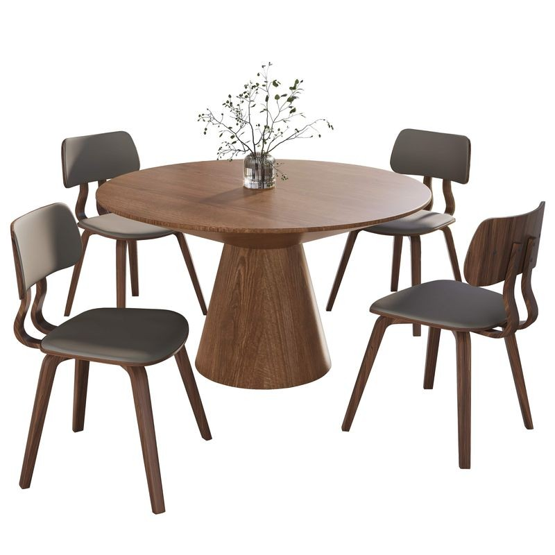 LeisureMod 5-Piece Dining Set with Round Wooden Table in Natural Wood and 4 Leather Dining Chairs in Walnut/Light Grey