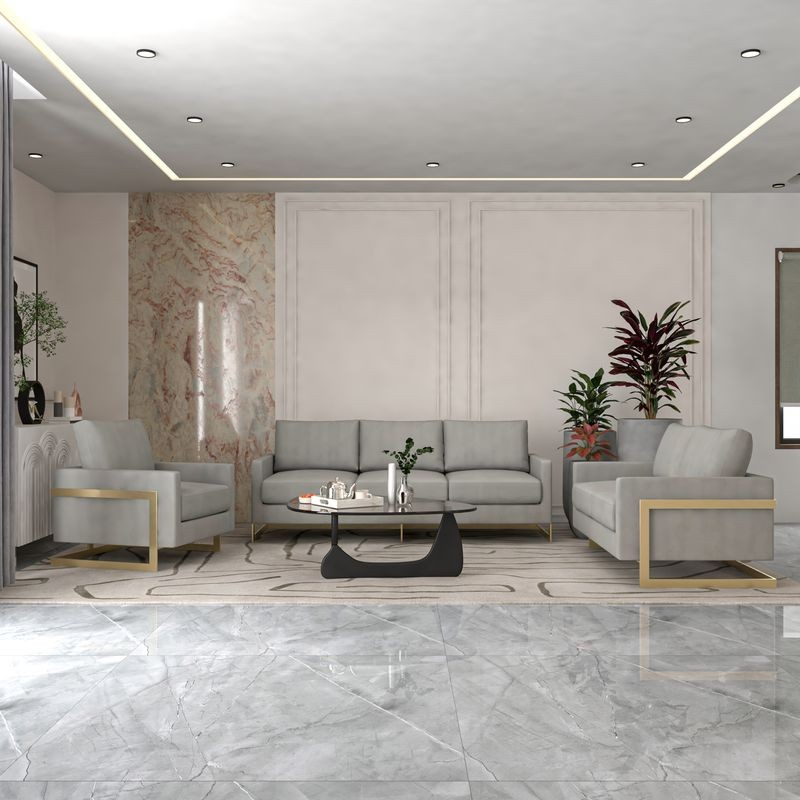 LeisureMod Lincoln 3-Piece Velvet Living Room Sofa Set with Gold Frame in Living Room.