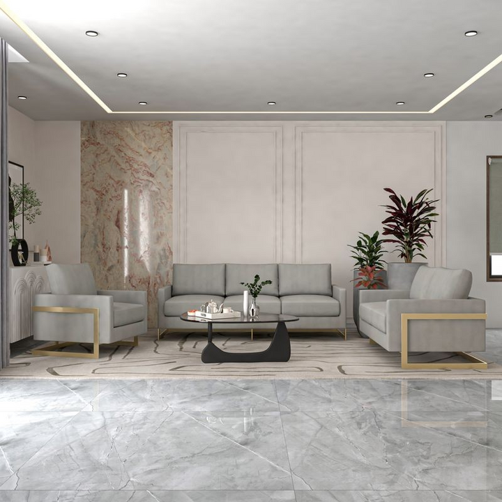 LeisureMod Lincoln 3-Piece Velvet Living Room Sofa Set with Gold Frame in Living Room.