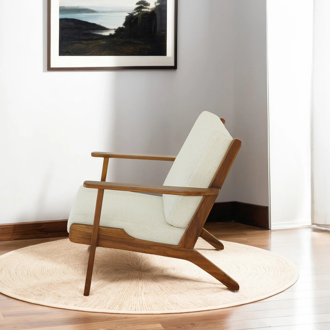 Connor Solid Wood Linen Lounge Chair Cream Side View.
