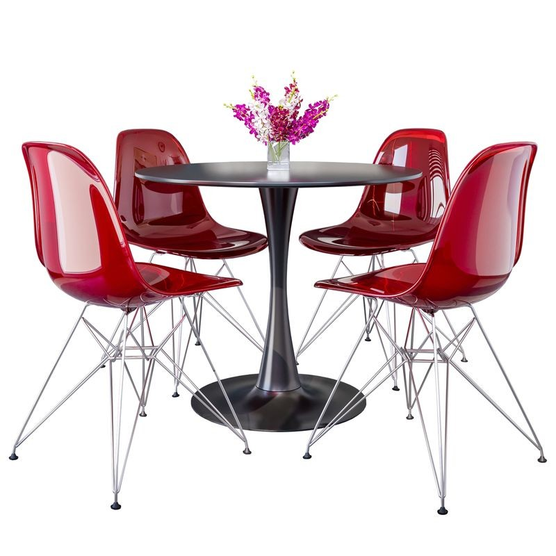 LeisureMod 5-Piece Dining Set 35" Round Dining Table in Black Iron 4 ABS Plastic Side Chair in Chrome Transparent Red