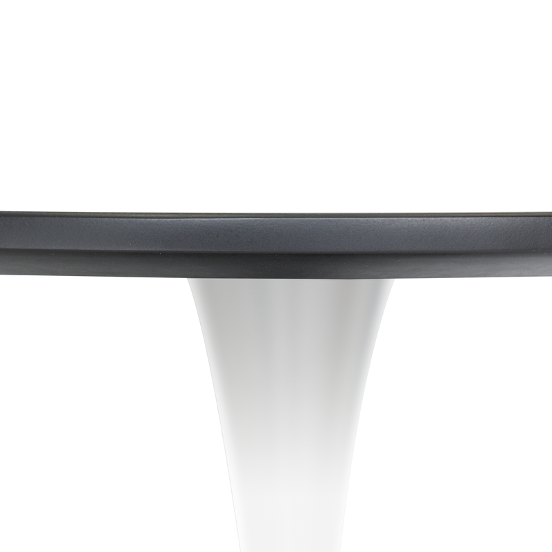 LeisureMod 5-Piece Dining Set 35" Round Dining Table in White Iron 4 ABS Plastic Side Chair in Chrome Clear Table Closeup.